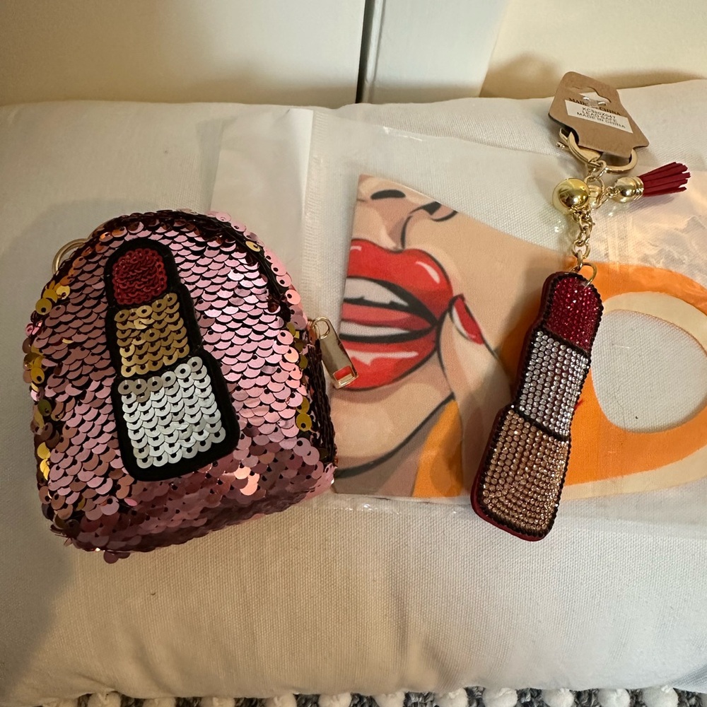 Pink Sequin Lipstick Keychain Set